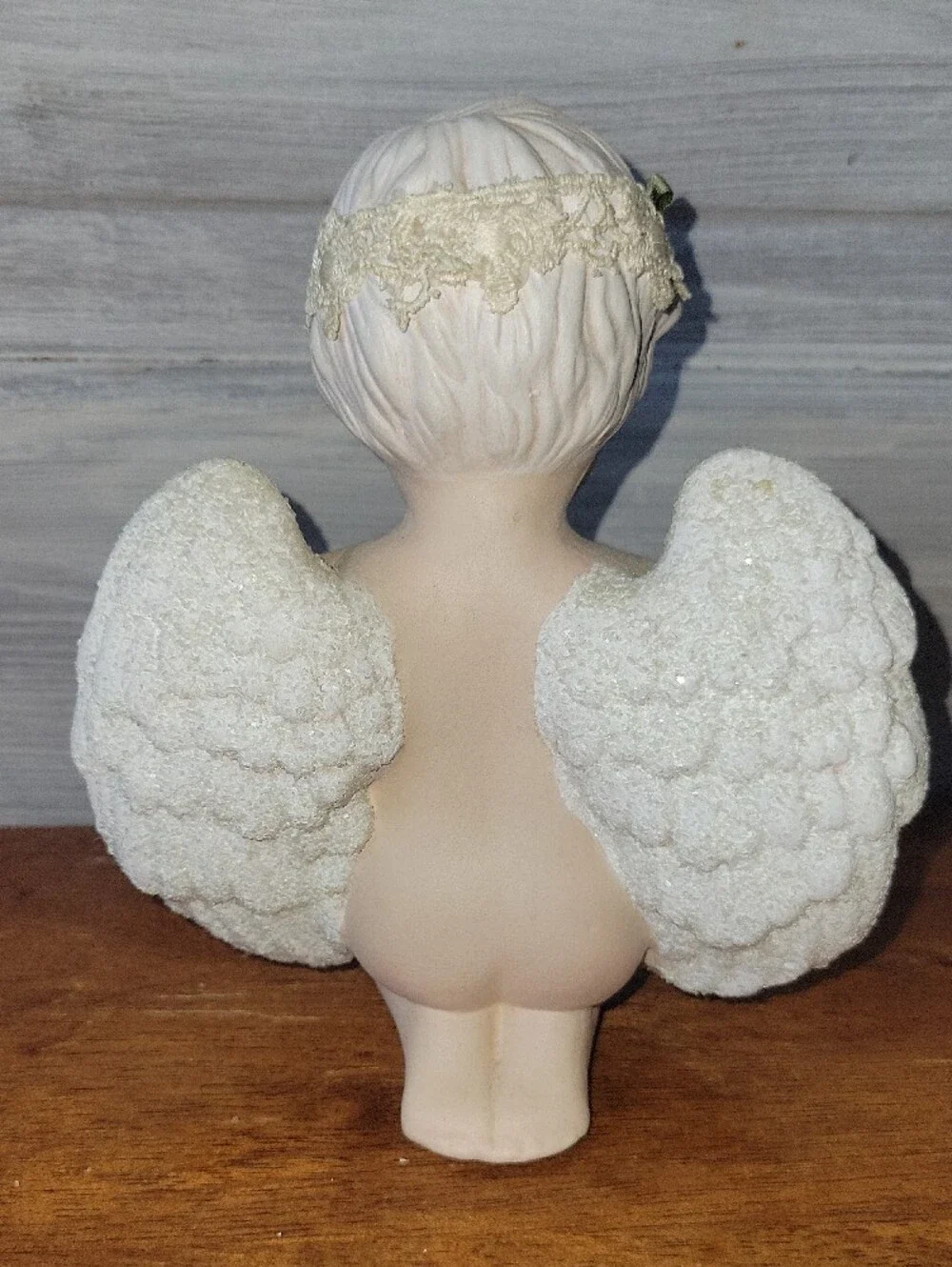 Cream Praying Angel Figurine with Pink Rose Crochet Headband Vintage